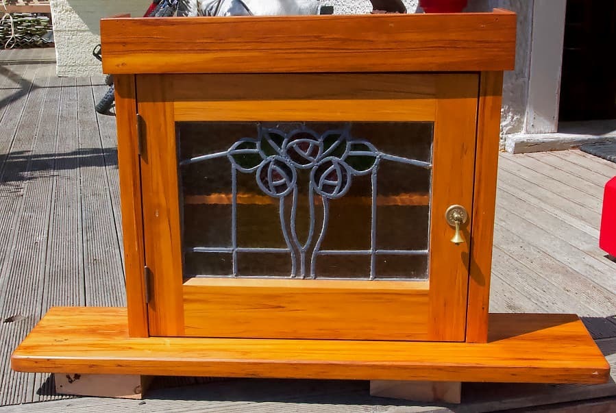Leadlight window turned into a hanging cabinet with shelf